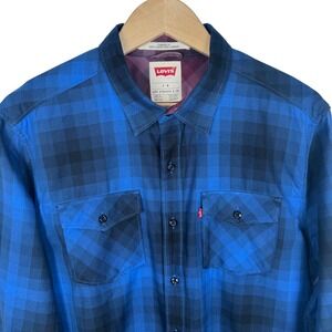 Levi Strauss Mens L Long Sleeve Plaid Button Up Shirt Blue Black Western
